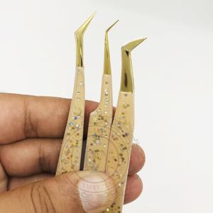 Pinzas de pestañas de silicona con Base de melocotón multibrillo hechas a mano de calidad superior recién llegado pinzas de Punta chapadas en oro etiqueta personalizada - Product Image 1