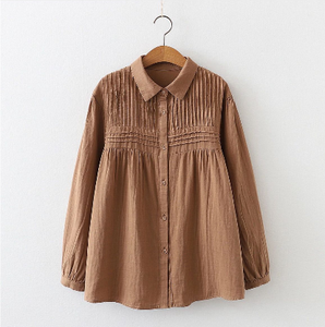 Blusa vintage de manga larga con pliegues para mujer o camisa fruncida de algodón y lino estilo Mori Girl - Product Image 1
