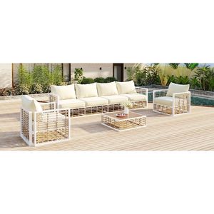 TOPMAX moderno minimalista 7 pezzi Set di mobili da giardino in metallo per tutte le stagioni per interni da esterno bianco cuscini spessi mobili da caffè - Product Image 5