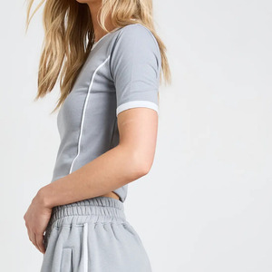 2026 Summer <b>Set</b> Women's Solid Color Block <b>Knit</b> Loose Streetwear Matching <b>Set</b> Short Sleeve Crew Neck Baby Tee & Wide Leg Pants - Product Image 4