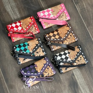 New Arrival Purple & Black Tooled Checkered Leather Cute Wallet Trendy Floral Design ATM Card Holder Women Long Clutch for Gifts - Product Image 1