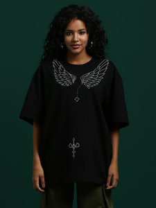 T-shirt graphique Aile de Cupidon pour femme, coupe oversize, noir, décontracté, streetwear, imprimé ange romantique, manches courtes, haut tendance - Product Image 1
