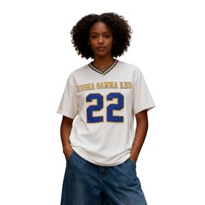 เสื้อยืดฟุตบอลไซส์ใหญ่ลายเชนิลล์สีไอวอรี่ Sigma Gamma Rho สำหรับทุกเพศ เสื้อผ้าชมรมกรีก สไตล์กีฬาพรีเมียมลำลอง - Product Image 1