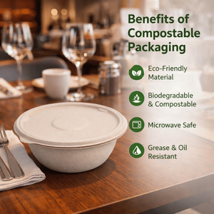 Bol en bagasse compostable avec couvercle |   Conteneur alimentaire écologique en fibre de canne à sucre |   Bol jetable résistant aux fuites et compatible micro-ondes - Product Image 5