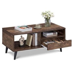 36.5\" Rustic <b>Walnut</b> Engineered Wood Coffee <b>Table</b> with Drawer and Open Shelves for Living Room - Product Image 1