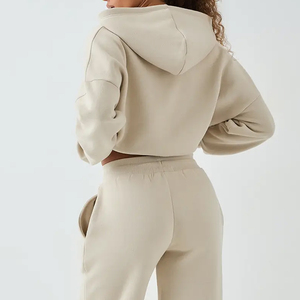 Ensemble de survêtement unisexe beige à capuche, manches longues, fermeture à cordon, coupe classique, couleur unie, vêtement décontracté, 100% coton, réversible - Product Image 2