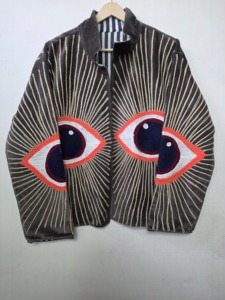 <b>Women</b>’s Handmade Embroidered <b>Jacket</b> Eye Motif Boho Short <b>Jacket</b> with Striped Collar and Cuffs - Product Image 1