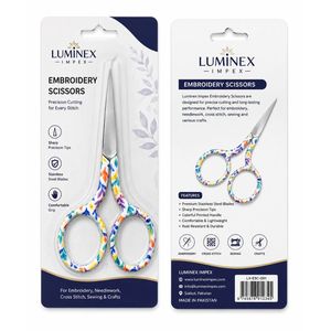 Ciseaux à broder Luminex Impex en acier inoxydable, lame tranchante, manche imprimé coloré, manche court, pour droitiers, effilage 30 - Product Image 1