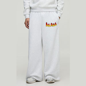 High Quality <b>Men's</b> <b>White</b> Wide Leg Sweatpants Elastic Waist Casual Cotton <b>Trousers</b> With Flame Logo Print Autumn Wear - Product Image 1