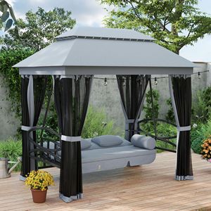 Dondolo da Giardino a 3 Posti con Tettuccio a Doppio Livello, Cuscini Grigi Imbottiti e Pareti Laterali in Rete, con Supporto - Product Image 2