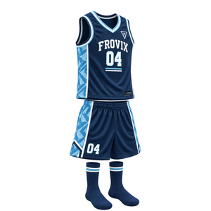 Ensemble d'uniformes de basketball personnalisés pour hommes, bleu marine et blanc, maillot sans manches à col en V, shorts, panneaux géométriques, numéros d'équipe, kits en gros - Product Image 1