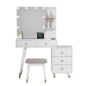 Solid Wood <b>Makeup</b> Vanities 5 Drawers 2 Layer Shelf <b>Mirror</b> Case Pitted Particle Board Triamine Coating Copper Sheath Decoration - Product Image 3