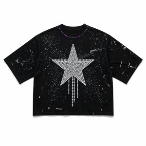 T-shirt noir surdimensionné pour homme, manches courtes, col rond, imprimé étoile en strass, jersey en coton, style streetwear, design géométrique - Product Image 1