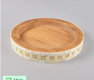 Plateau décoratif circulaire de luxe en bois naturel et os incrusté de motifs étoilés, élégant et moderne, pour table basse - Product Image 6