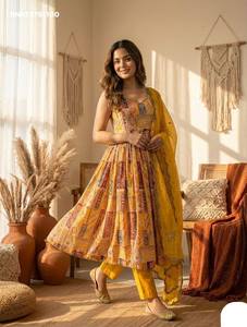 Conjunto de Kurti-Pant y Dupatta sin mangas, de satén modal de alta calidad con diseño estampado, corte redondo y acampanado, a precio de mayoreo. - Product Image 2