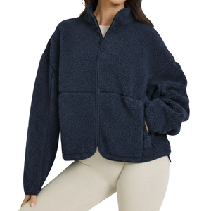Burgundy Fleece <b>Jacket</b> Women Stand Collar Zipper Closure <b>Short</b> Length Full <b>Sleeve</b> Solid Color Autumn Wear - Product Image 6