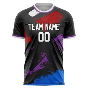 เสื้อฟุตบอลสีดำสำหรับผู้ชาย พิมพ์ลายสีแดง ม่วง น้ำเงิน แขนสั้น ผ้าโพลีเอสเตอร์ซับเหงื่อ ชื่อทีม 00 คอกลม ทรงสปอร์ต - Product Image 1