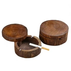 Cendrier rond en bois avec couvercle, porte-cigares en bois massif, design rétro, décoration d'intérieur - Product Image 1