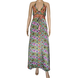 Talla Única Y2K Estilo Bohemio Natural, Vestido Maxi de Seda Tejida India con Estampado Geométrico, Cuello en V, Sin Mangas, Aberturas Laterales, Estilo Coreano, Dulce para Primavera/Verano - Product Image 1
