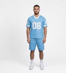 ชุดเสื้อกีฬาคอวีสีฟ้าอ่อนสำหรับผู้ชายพร้อมกางเกงขาสั้นพิมพ์ลายหมายเลข 08 โพลีเอสเตอร์ระบายอากาศได้ชุดวอร์มสำหรับฤดูร้อน - Product Image 3