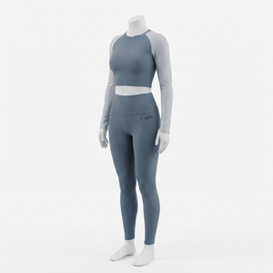 Women Blue Gray Contrast Yoga Set <b>Long</b> <b>Sleeve</b> Crop <b>Top</b> High Waist Leggings Gym Fitness <b>Workout</b> Activewear Set - Product Image 1