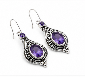Boucles d'oreilles pendantes en argent améthyste, bijoux en argent sterling 925 avec pierre violette, boucles d'oreilles ovales en filigrane d'améthyste, faites à la main style bohème - Product Image 3