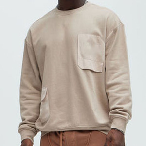 Private Label Men's Beige Cotton Fleece <b>Sweatshirt</b> with Asymmetrical Pockets Casual Relaxed Fit Streetwear Hoodies <b>Sweatshirt</b> - Product Image 4