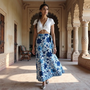 Handmade Boho Gypsy <strong>Full</strong>-Length Blue and Black Floral Printed <strong>Skirt</strong> Comfortable Women's Attire - Product Image 4