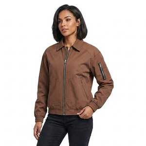 Men's Brown Canvas Bomber Jacket Windproof Workwear Style Turn-down Collar Zipper Closure Regular Fit Autumn Wear - Product Image 3