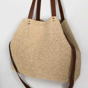 Bolso de mano de cuero de verano para mujer, bolso bandolera de paja para la playa, bolso de mano de rafia de ganchillo, bolso de hombro natural de verano - Product Image 1