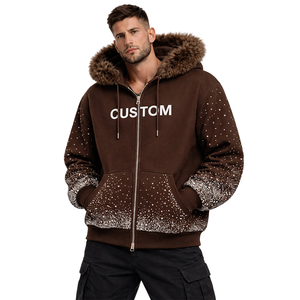 Men's Brown Custom Print Fur Hood Zip Up Hoodie Winter Fleece Streetwear Hooded <b>Jacket</b> with <b>Rhinestones</b> Design - Product Image 4