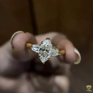 Three Stone <b>Emerald</b> Cut Moissanite Engagement <b>Ring</b> in 925 Sterling <b>Silver</b> Pear Side Stones Vintage Style Prong Setting for Women - Product Image 2