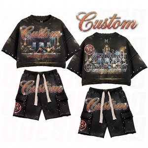 Custom Logo Casual Oversized Street Style <b>T</b>-<b>Shirt</b> <b>and</b> Frayed Rhinestone Knitted <b>Shorts</b> Fashion Summer Two Piece <b>Set</b> Tracksuits - Product Image 5
