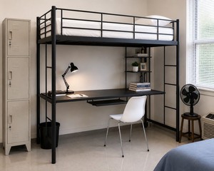 Modern Metal Loft <b>Bed</b> with Desk Silver Power Coated <b>Frame</b> Study <b>Bed</b> Apartment Villa Bedroom Furniture Adults Students - Product Image 3