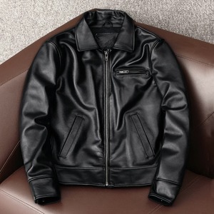 2026 Fashion Coated Genuine Cow <b>Leather</b> Stand Collar Vintage Front Logo Men's Varsity <b>Jacket</b> - Product Image 2