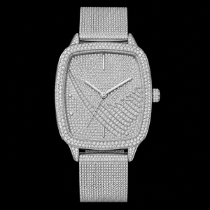 Montre Tonneau de Luxe Sertie de Diamants, Bracelet en Maille d'Acier Inoxydable Argenté, Montre-Bracelet à Quartz pour Hommes et Femmes, Style Premium Élégant - Product Image 1