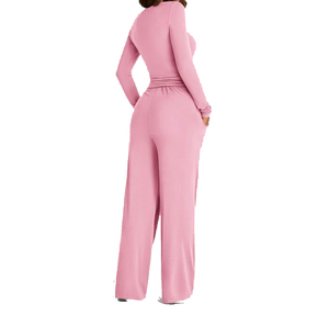 Combinaison longue unie pour femme, manches longues, taille élastique, coupe ample, style décontracté, pour le printemps, rose - Product Image 2
