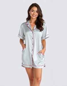Ensemble pyjama en satin à manches courtes pour femmes, avec boutons sur le devant, garniture blanche, vêtements de nuit élégants pour l'été - Product Image 2