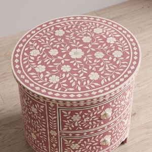 Mesa de Noche Redonda Hecha a Mano con Incrustaciones de Hueso Rosa, 2 Cajones, Patrón Floral, Mueble de Dormitorio de Lujo - Product Image 4