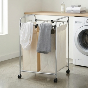 Panier à linge pliable moderne et impeccable à 4 compartiments, en fonte, plastique et tissu, trieur de linge, chariot organisateur de vêtements - Product Image 3