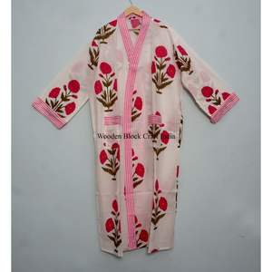 Kimono Artesanal 100% Algodón Indio con Estampado Floral Bohemio, Cintura Ajustable con Lazos y Bolsillos, Estampado Serigrafiado, Túnica Casual de Longitud Media - Product Image 3