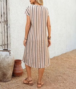 Striped Linen Cotton Midi Dress O-Neck Short Sleeve Loose Fit Casual Summer Dress Breathable Woven Fabric - Product Image 5