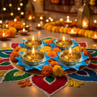 AG Elements - Diya traditionnel en laiton pour le festival Diwali, lampe à huile de 3 pouces, motif lotus bleu, artisanat décoratif, Art Déco