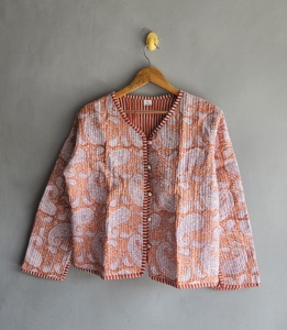 <b>Quilted</b> Jacket Women's V-Neck Three Quarter Sleeve Paisley Print Cotton Autumn Outerwear Regular Fit <b>Single</b> Button Closure gift - Product Image 1