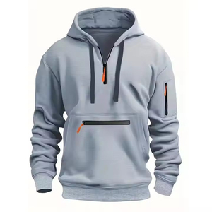 Sudadera con Capucha y Cierre de Cremallera de un Cuarto para Hombre, Color Gris, Corte Regular, Color Sólido, Informal, para Otoño, Manga Larga, Diseño con Bolsillos, Transpirable, Tejida - Product Image 3