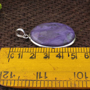 Collar Artesanal de Plata de Ley 925 con Charoita, Gema Natural Púrpura, Corte Ovalado, Borde Punteado, Joyería Vintage - Product Image 5