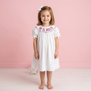 Ropa infantil personalizada con bordado a mano para niñas, vestido casual blanco de manga corta con lazo, cuello Peter Pan, estilo línea A, atuendo de Pascua. - Product Image 4