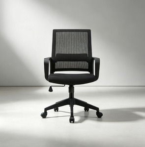 Chaise de bureau ergonomique moderne en maille avec accoudoirs fixes, base pivotante, dossier solide, appui-tête intégré, réglage manuel rotatif, noire - Product Image 1