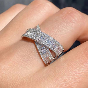 Iced Out Baguette Moissanite Diamond Criss Cross Engagement Wedding Hip Hop Crossover <b>Statement</b> <b>Ring</b> 925 Sterling <b>Silver</b> Jewelry - Product Image 5