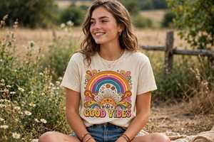 Camiseta unisex vintage de manga corta con cuello redondo, 100% algodón, suave, estilo retro, arcoíris, Good Vibes, para verano - Product Image 5